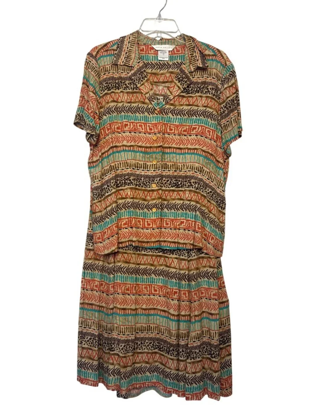 Napa Valley Womens Size 10 Button Front Tribal Print 2 pc Skirt Set Multicolor